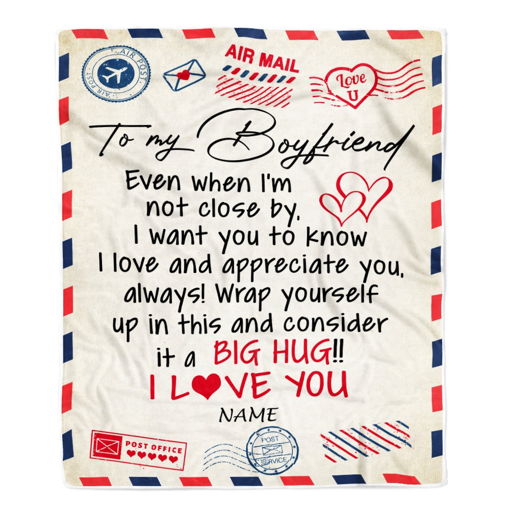 Personalized To My Boyfriend Blanket From Girlfriend I Love You Hugs Air Mail Letter Boyfriend Birthday Valentine's Day Christmas Customized Fleece Blanket | siriusteestore