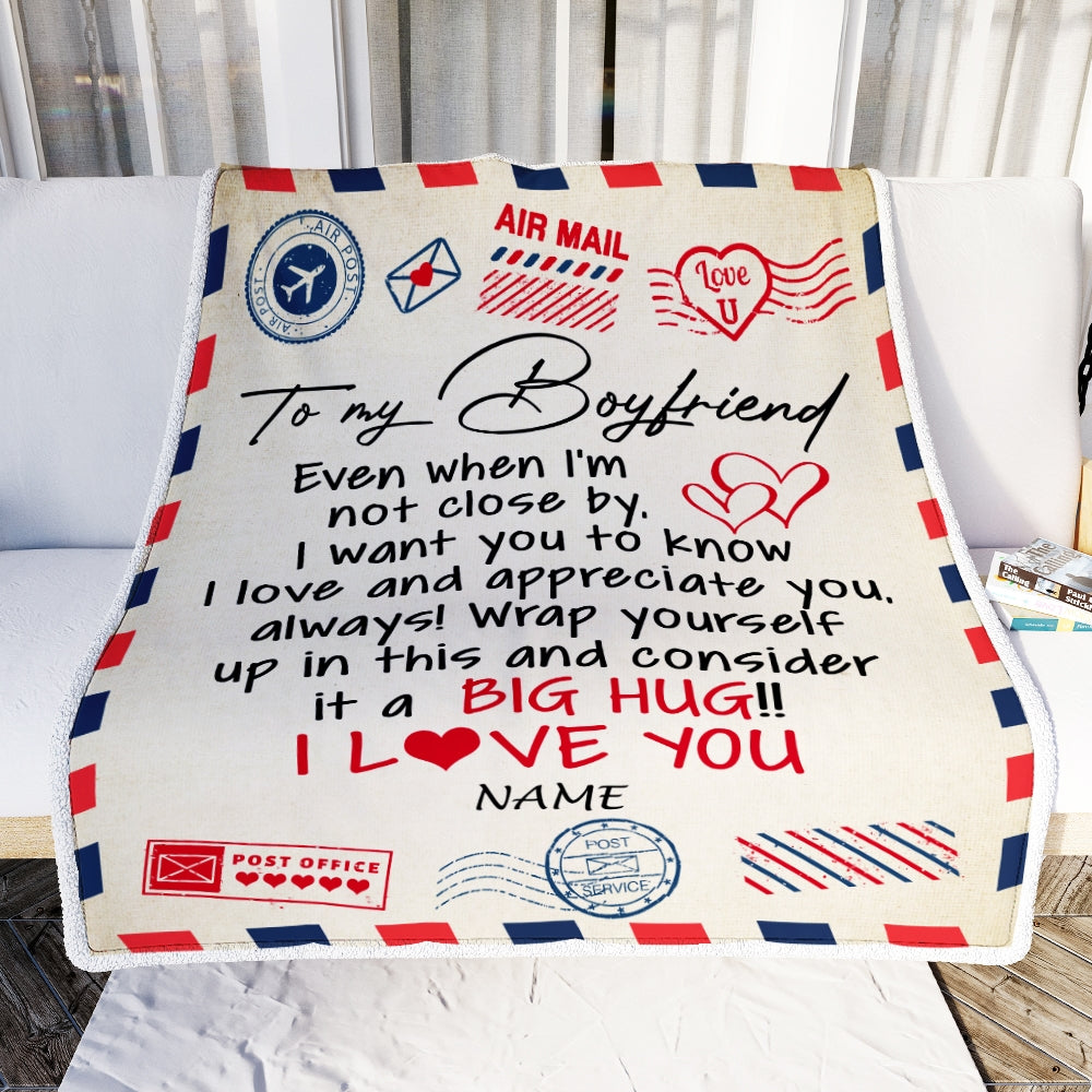 Personalized To My Boyfriend Blanket From Girlfriend I Love You Hugs Air Mail Letter Boyfriend Birthday Valentine's Day Christmas Customized Fleece Blanket | siriusteestore