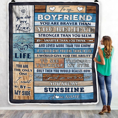 Personalized To My Boyfriend Blanket From Girlfriend Wood You Are My Sunshine I Love You Boyfriend Anniversary Valentines Day Christmas Fleece Throw Blanket | siriusteestore
