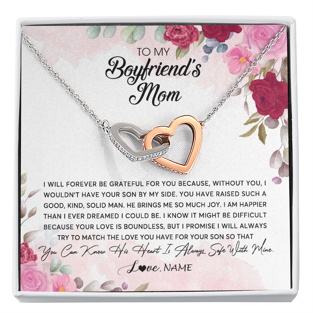 Interlocking Hearts Necklace | Personalized To My Boyfriend's Mom Necklace Flower Forever Be Grateful Boyfriend's Mom Birthday Mother's Day Pendant Jewelry Customized Gift Box Message Card | siriusteestore