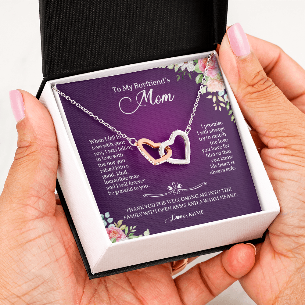 Interlocking Hearts Necklace | Personalized To My Boyfriend's Mom Necklace I Will Forever Be Grateful To You Boyfriend's Mom Mother's Day Pendant Jewelry Customized Gift Box Message Card | siriusteestore