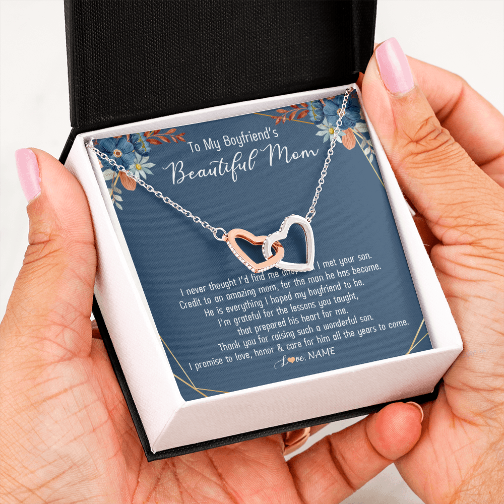 Interlocking Hearts Necklace | Personalized To My Boyfriend's Mom Necklace Thank You For Raising Wonderful Son Boyfriend's Mom Mother's Day Pendant Jewelry Customized Gift Box Message Card | siriusteestore