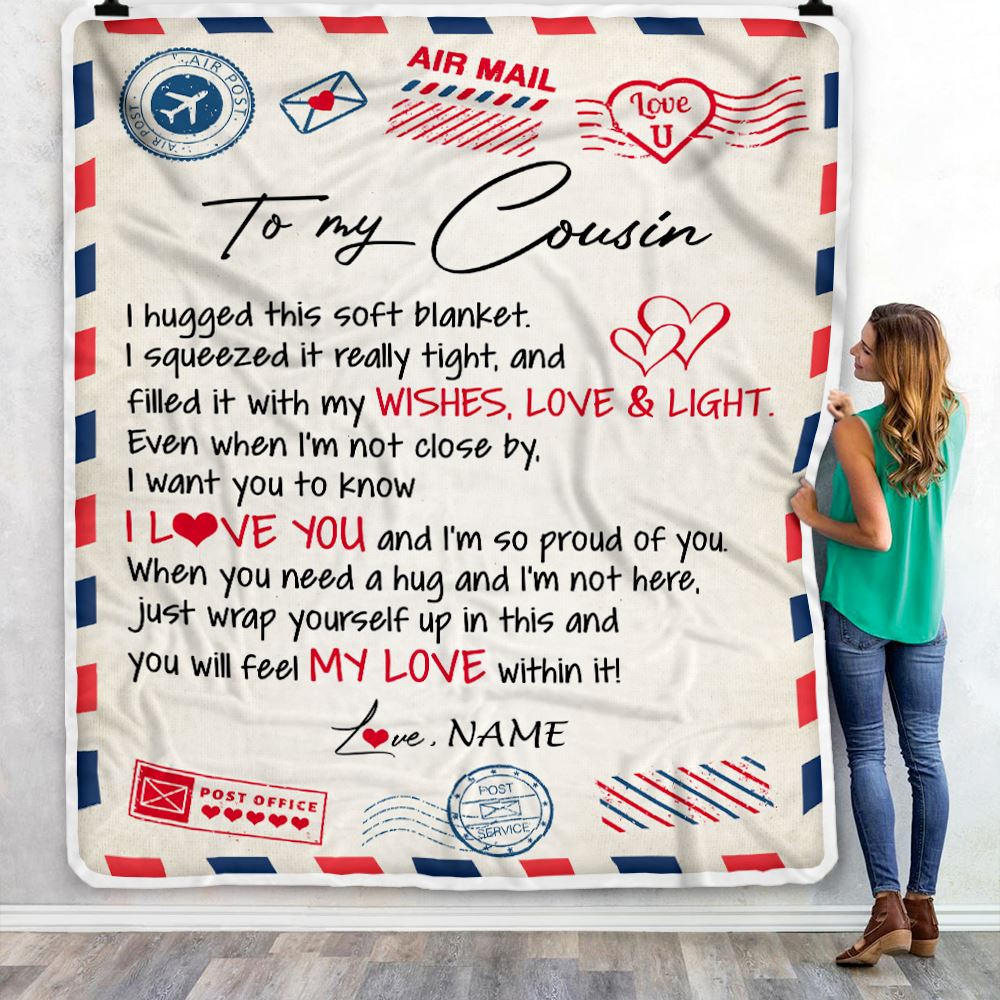Personalized To My Cousin Blanket Air Mail Letter I Love You Cousin Birthday Christmas Thanksgiving Graduation Customized Fleece Throw Blanket | siriusteestore