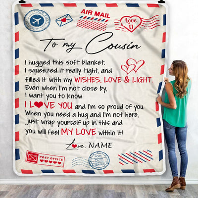 Personalized To My Cousin Blanket Air Mail Letter I Love You Cousin Birthday Christmas Thanksgiving Graduation Customized Fleece Throw Blanket | siriusteestore
