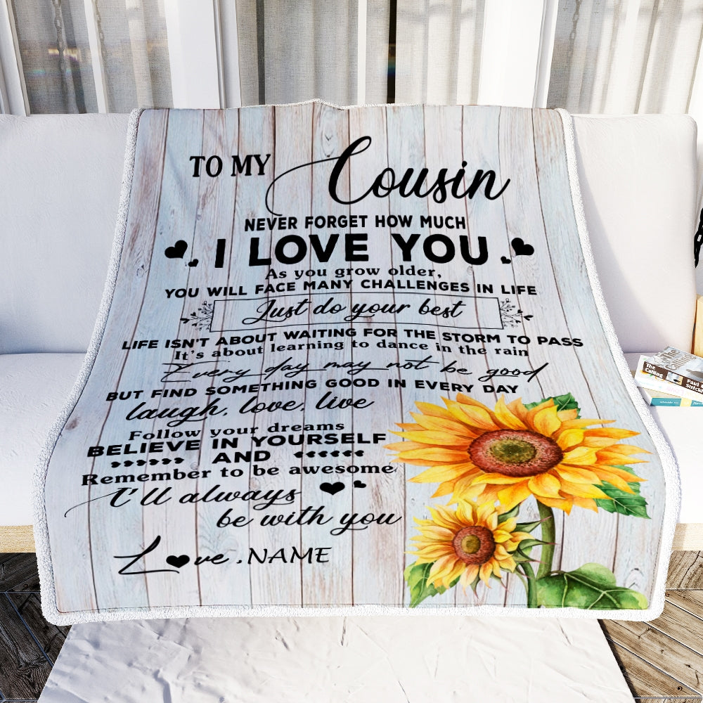 Personalized To My Cousin Blanket Family Sunflower Wood Laugh Love Live Cousin Birthday Graduation Christmas Customized Bed Quilt Fleece Throw Blanket | siriusteestore