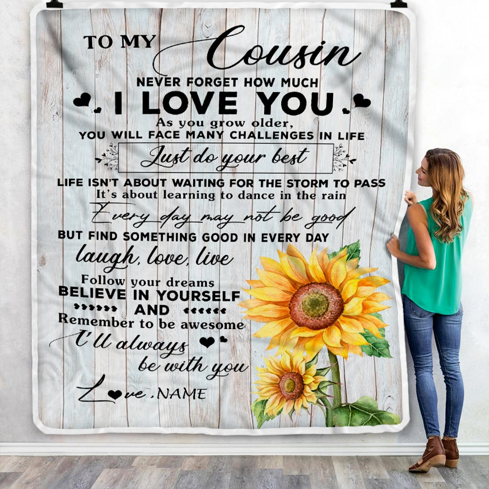 Personalized To My Cousin Blanket Family Sunflower Wood Laugh Love Live Cousin Birthday Graduation Christmas Customized Bed Quilt Fleece Throw Blanket | siriusteestore