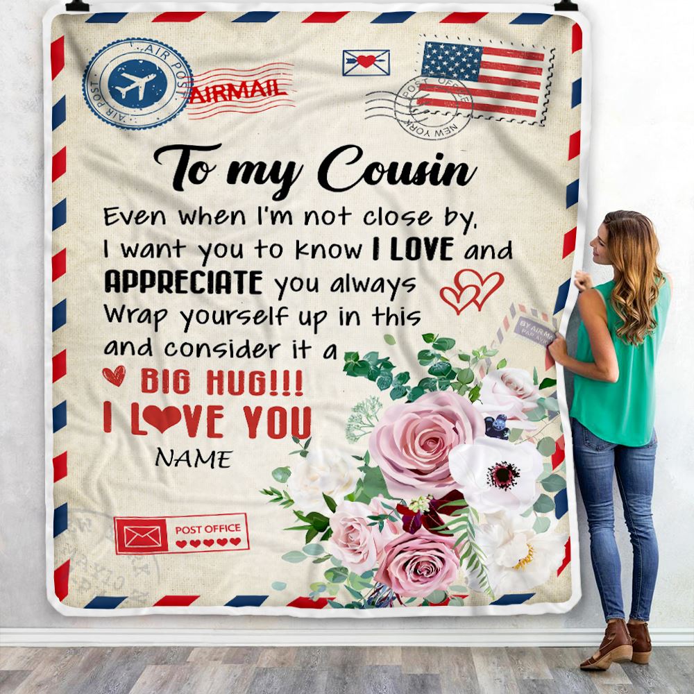 Personalized To My Cousin Blanket Floral Air Mail Letter I Love You Cousin Birthday Christmas Thanksgiving Graduation Customized Fleece Throw Blanket | siriusteestore
