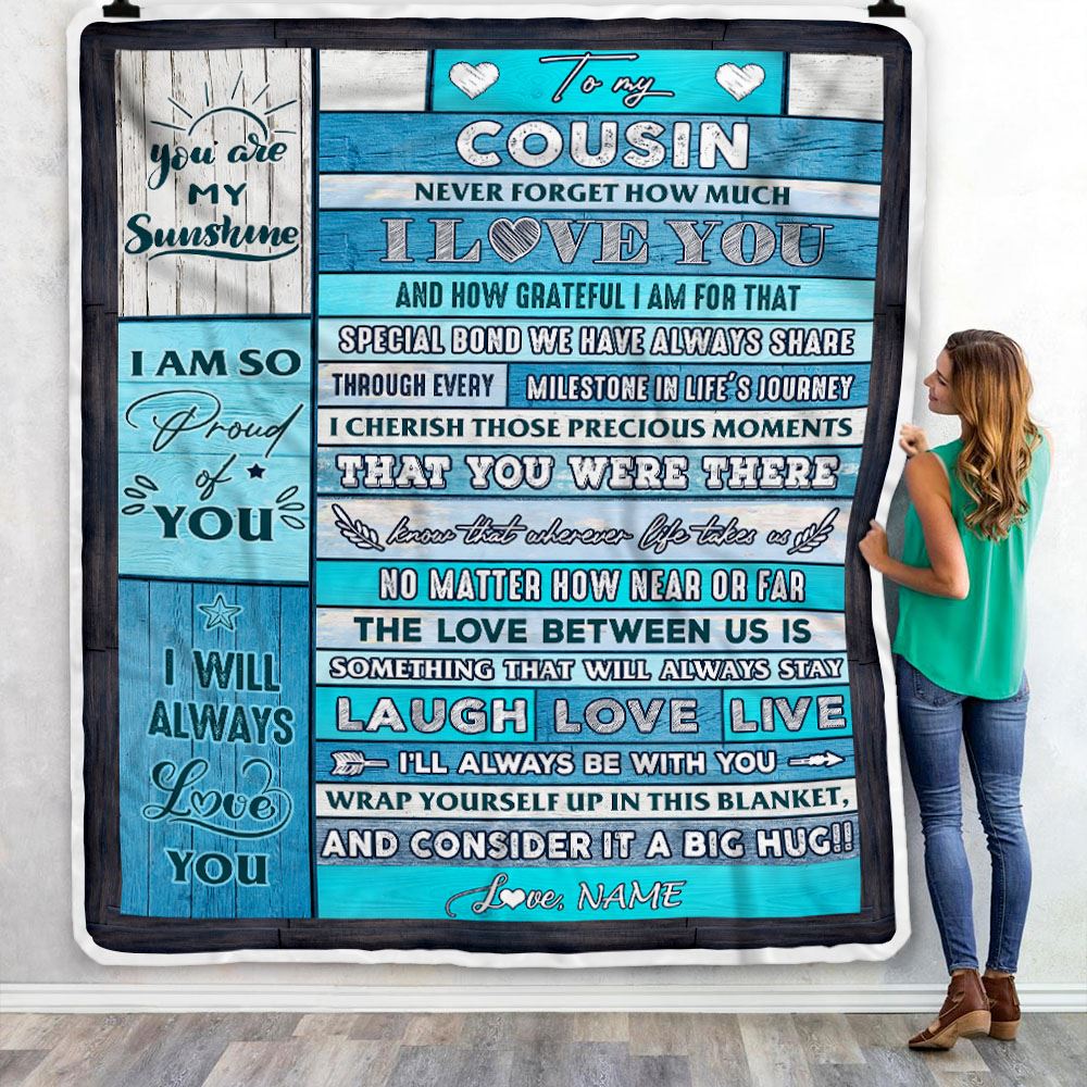 Personalized To My Cousin Blanket From Family Wood I Love You It A Big Hug Cousin Birthday Graduation Christmas Customized Bed Fleece Throw Blanket | siriusteestore