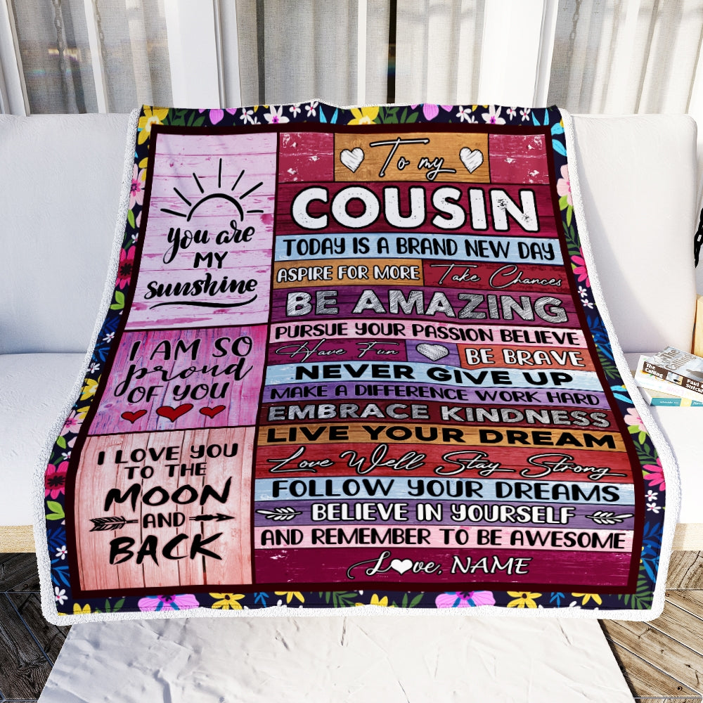 Personalized To My Cousin Blanket Never Give Up Live Your Dream Pink Wood Cousin Birthday Graduation Christmas Customized Fleece Blanket | siriusteestore