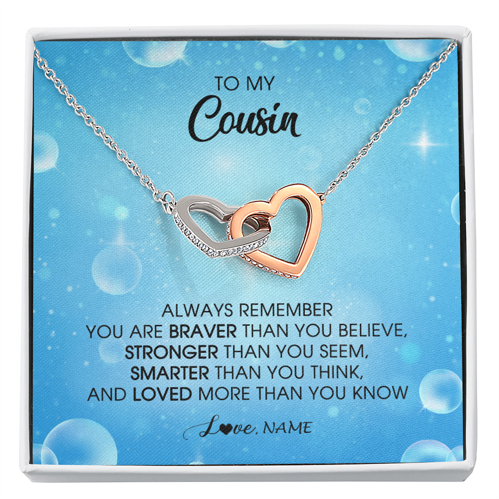 Interlocking Hearts Necklace | Personalized To My Cousin Necklace From Family Always Remember You Are Braver Cousin Pendant Jewelry Birthday Graduation Christmas Customized Message Card | siriusteestore
