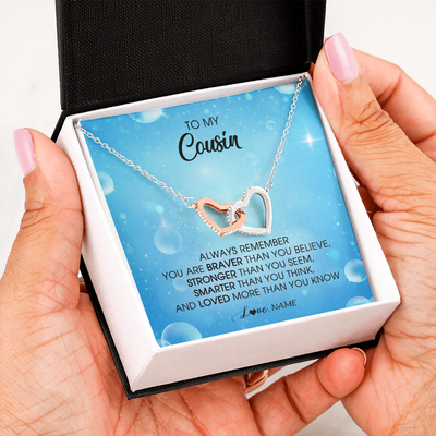 Interlocking Hearts Necklace | Personalized To My Cousin Necklace From Family Always Remember You Are Braver Cousin Pendant Jewelry Birthday Graduation Christmas Customized Message Card | siriusteestore