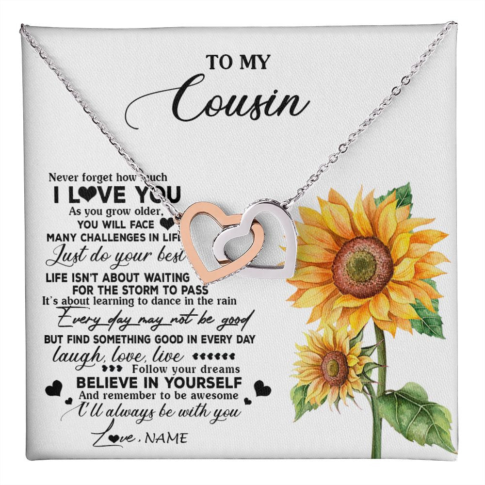Interlocking Hearts Necklace | Personalized To My Cousin Necklace From Family Sunflower Wood Laugh Love Live Cousin Birthday Graduation Christmas Customized Gift Box Message Card | siriusteestore