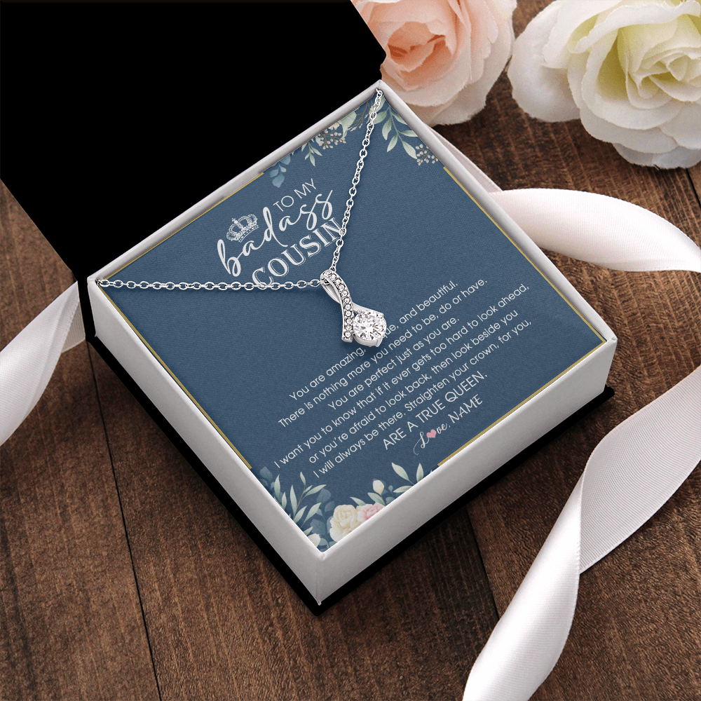 Alluring Beauty Necklace | Personalized To My Cousin Necklace Straighten Your Crown Cousin Queen Pendant Jewelry Birthday Graduation Christmas Customized Gift Box Message Card | siriusteestore