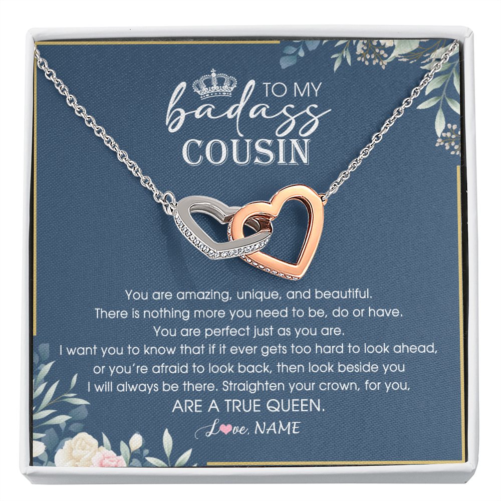 Interlocking Hearts Necklace | Personalized To My Cousin Necklace Straighten Your Crown Cousin Queen Pendant Jewelry Birthday Graduation Christmas Customized Gift Box Message Card | siriusteestore