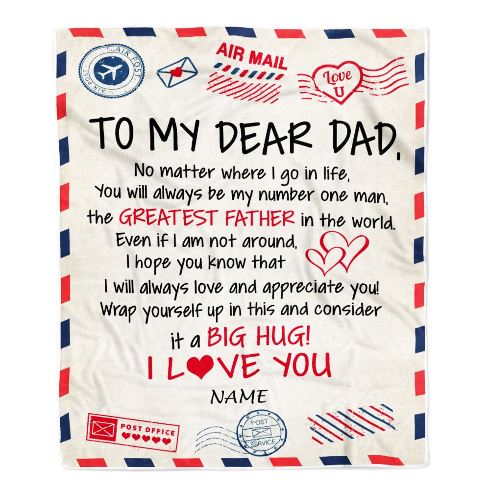Personalized To My Dad Blanket From Daughter Son Letter Air Mail Best Dad Hug Birthday Fathers Day Thanksgiving Christmas Customized Fleece Throw Blanket | siriusteestore