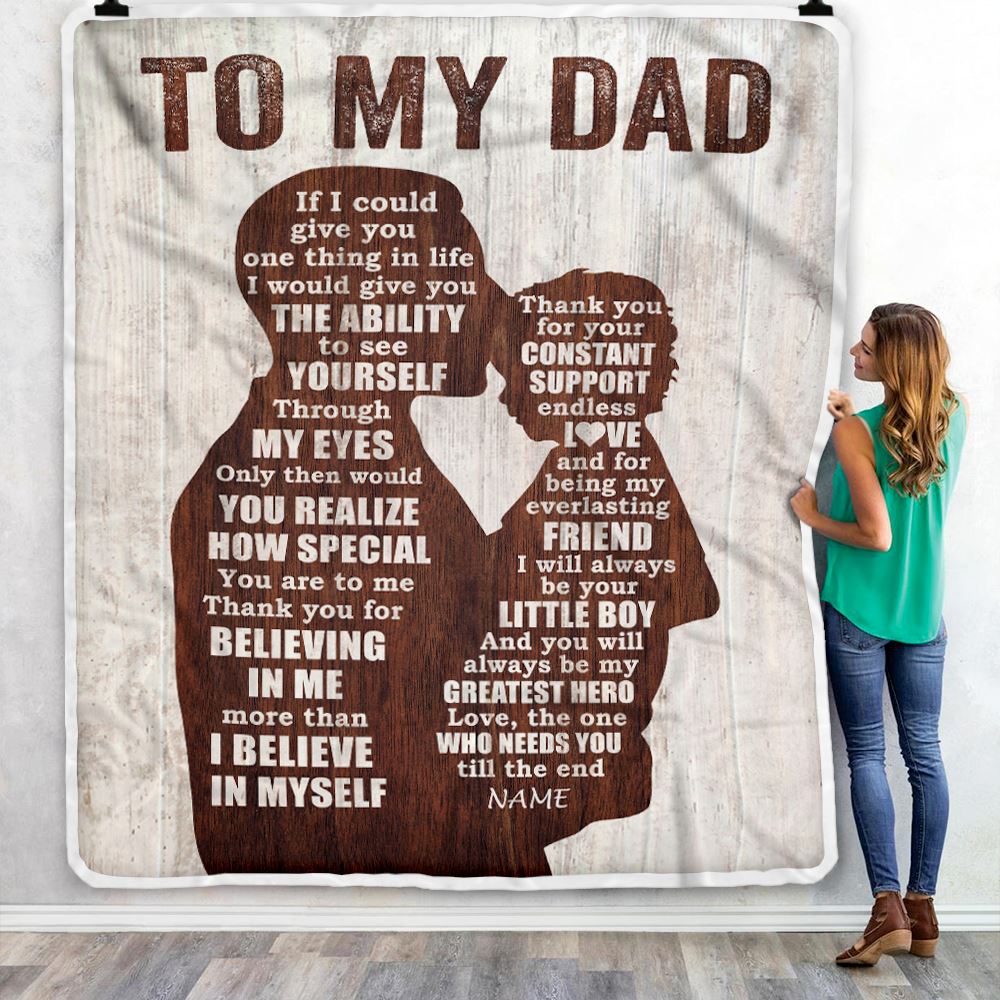 Personalized To My Dad Blanket from Son Wood Little Boy Thank you For Love Support Dad Fathers Day Birthday Christmas Customized Bed Fleece Throw Blanket | siriusteestore