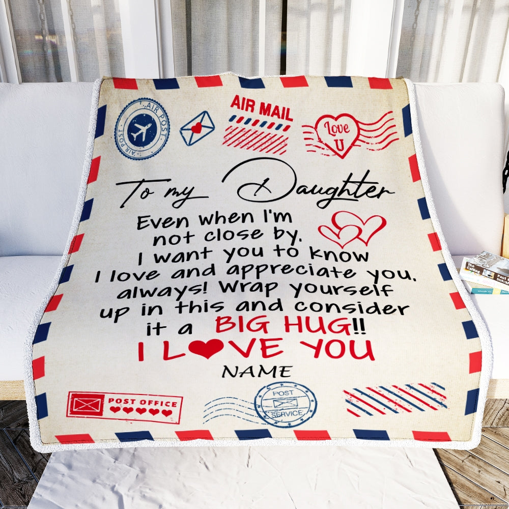Personalized To My Daughter Blanket From Mom Dad I Love You Hugs Air Mail Letter Daughter Birthday Christmas Thanksgiving Graduation Customized Fleece Blanket | siriusteestore