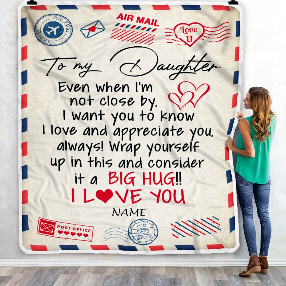 Personalized To My Daughter Blanket From Mom Dad I Love You Hugs Air Mail Letter Daughter Birthday Christmas Thanksgiving Graduation Customized Fleece Blanket | siriusteestore