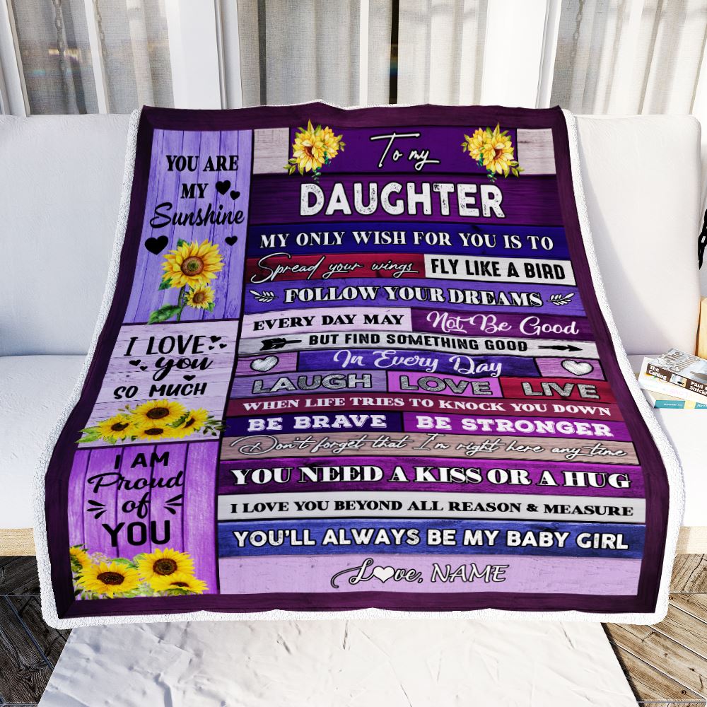 Personalized To My Daughter Blanket From Mom Dad Wood Laugh Love Live Sunflower Daughter Birthday Graduation Christmas Customized Bed Fleece Throw Blanket | siriusteestore