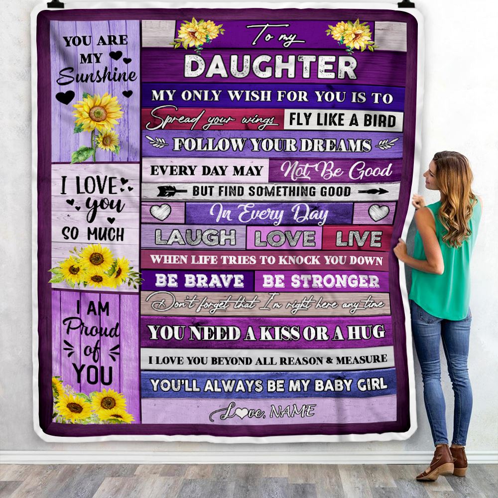 Personalized To My Daughter Blanket From Mom Dad Wood Laugh Love Live Sunflower Daughter Birthday Graduation Christmas Customized Bed Fleece Throw Blanket | siriusteestore