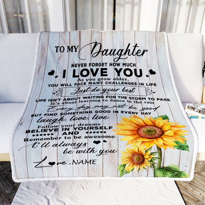Personalized To My Daughter Blanket From Mom Mother Dad Sunflower Wood Laugh Love Live Daughter Birthday Christmas Customized Bed Quilt Fleece Throw Blanket | siriusteestore