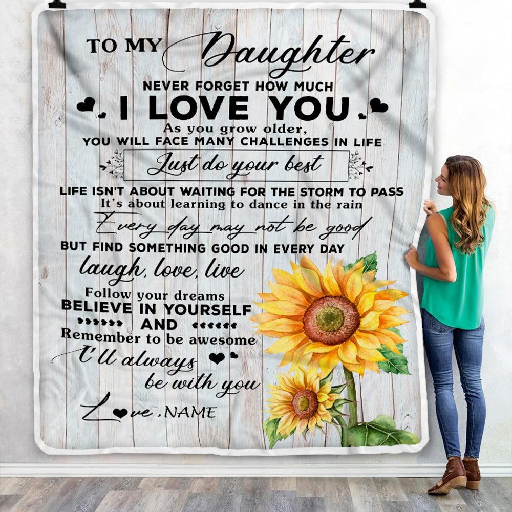 Personalized To My Daughter Blanket From Mom Mother Dad Sunflower Wood Laugh Love Live Daughter Birthday Christmas Customized Bed Quilt Fleece Throw Blanket | siriusteestore