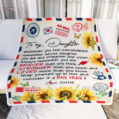 Personalized To My Daughter Blanket from Mom Dad Air Mail Letter Braver Stronger Loved Sunflower Birthday Graduation Christmas Customized Fleece Blanket | siriusteestore