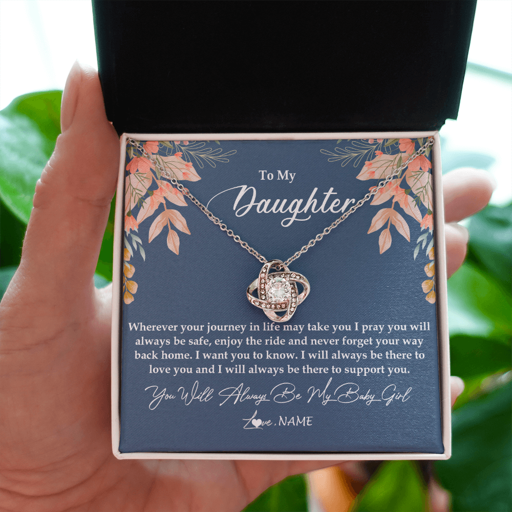 Love Knot Necklace | Personalized To My Daughter From Mom Dad You Will Always Be My Baby Girl Daughter Jewelry Birthday Graduation Christmas Customized Gift Box Message Card | siriusteestore