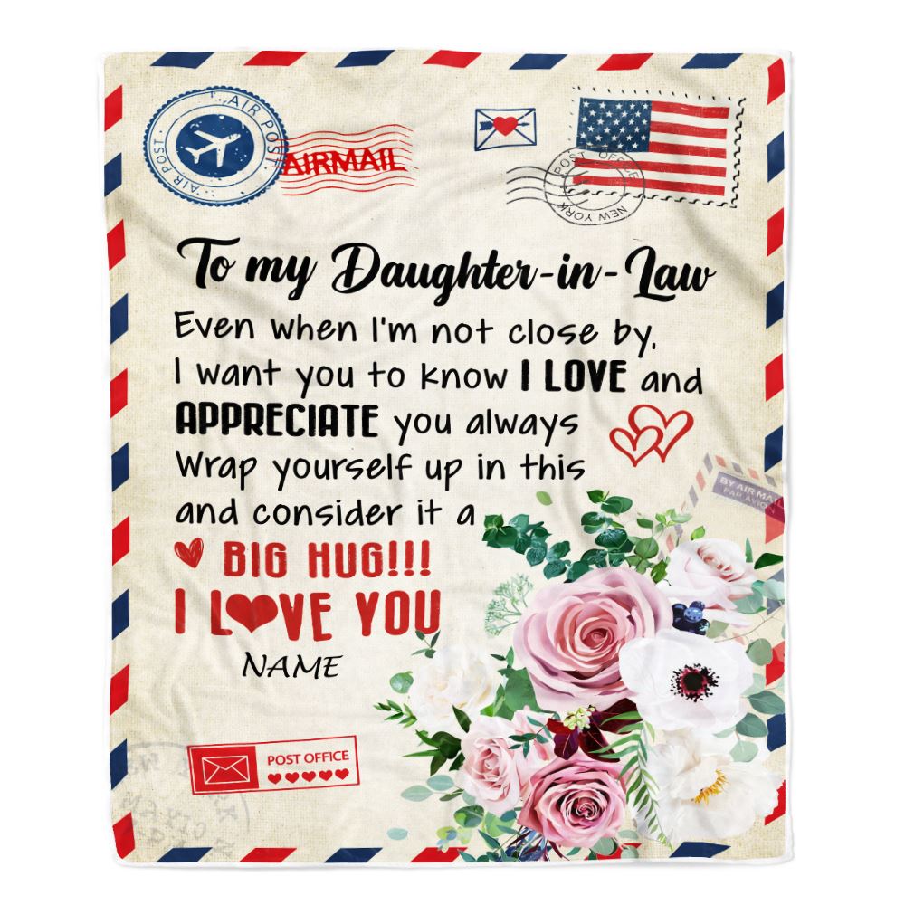 Personalized To My Daughter In Law Blanket From Mother In Law Floral Air Mail Letter I Love You Daughter In Law Birthday Christmas Fleece Throw Blanket | siriusteestore
