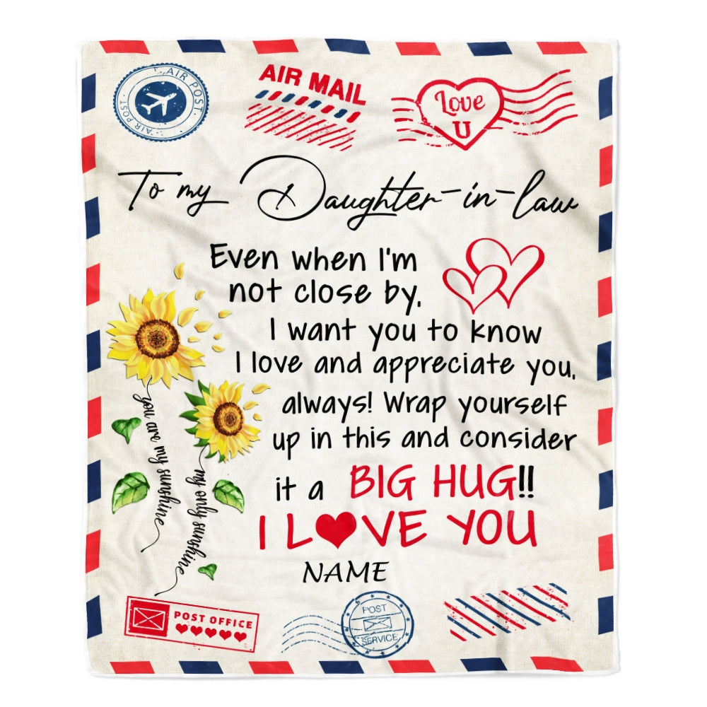 Personalized To My Daughter In Law Blanket From Mother In Law Love Big Hug Air Mail Letter Sunflower Daughter In Law Birthday Christmas Fleece Throw Blanket | siriusteestore