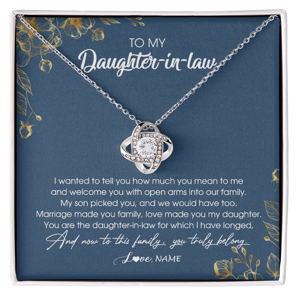 Love Knot Necklace | Personalized To My Daughter In Law Necklace Welcome Into Our Family Daughter In Law Her Wedding Day Jewelry Birthday Christmas Customized Gift Box Message Card | siriusteestore