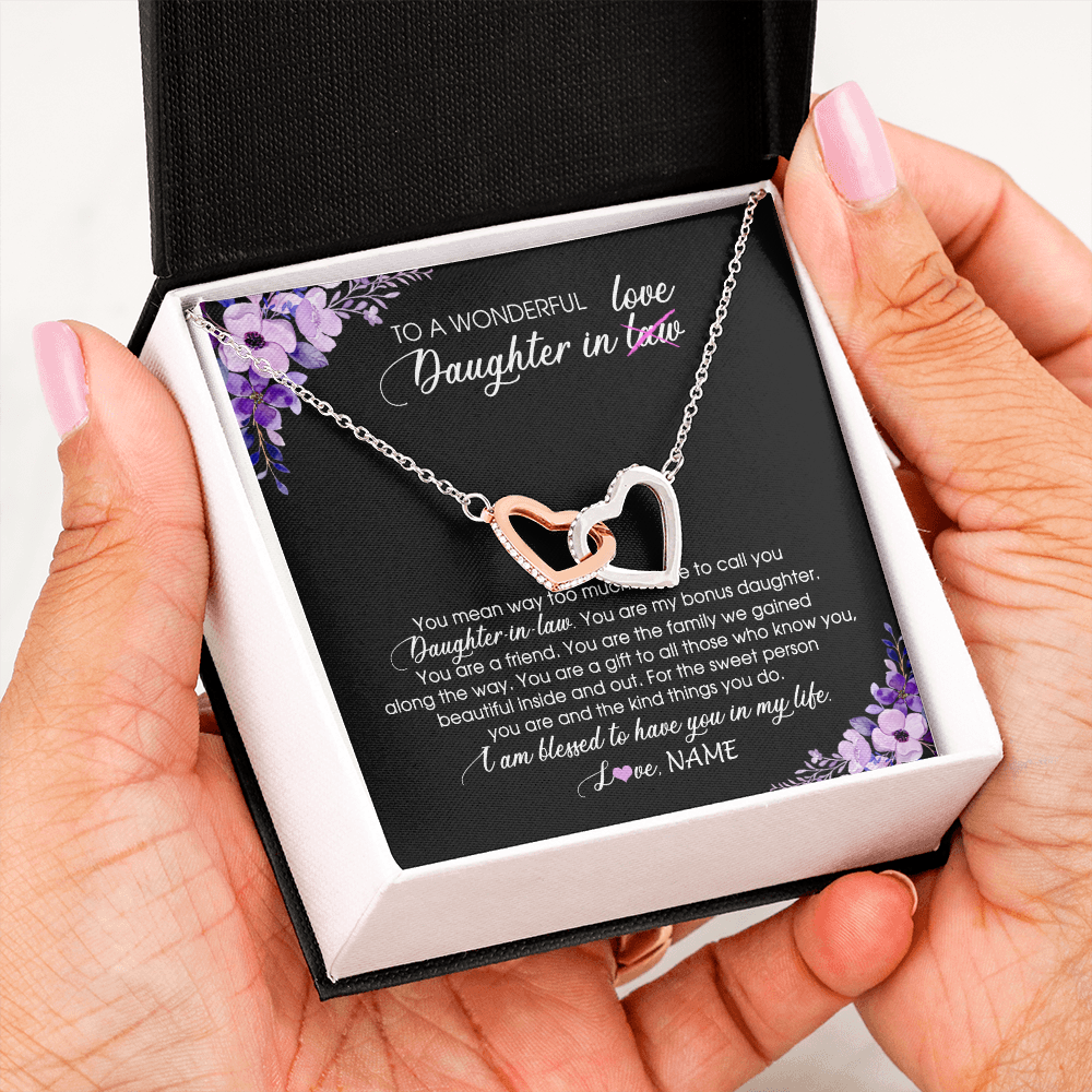 Interlocking Hearts Necklace | Personalized To My Daughter In Law Necklace from Mother In Law You Are My Bonus Daughter Jewelry Birthday Wedding Day Christmas Customized Message Card | siriusteestore