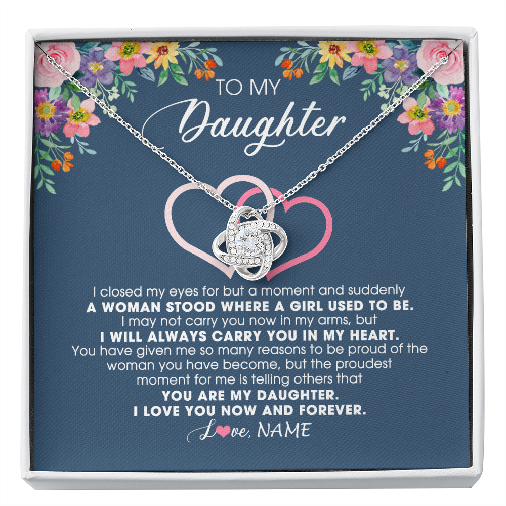Love Knot Necklace | Personalized To My Daughter Necklace From Dad Father Mom I Love You Now And Forever Jewelry For Daughter Birthday Graduation Christmas Customized Message Card | siriusteestore