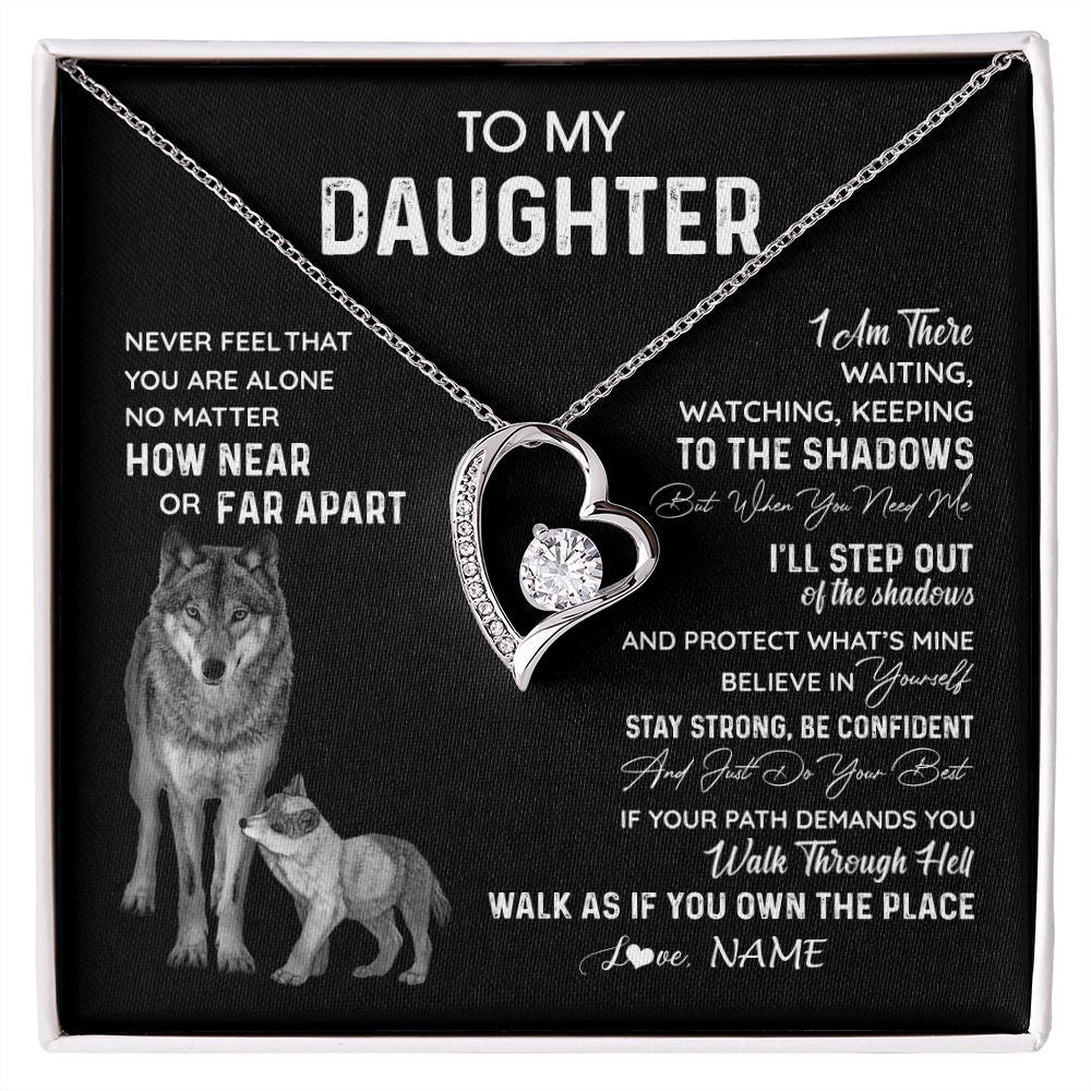 Forever Love Necklace | Personalized To My Daughter Necklace From Dad Mom Mother Never Feel You Are Alone Wolf Daughter Birthday Graduation Christmas Customized Gift Box Message Card | siriusteestore