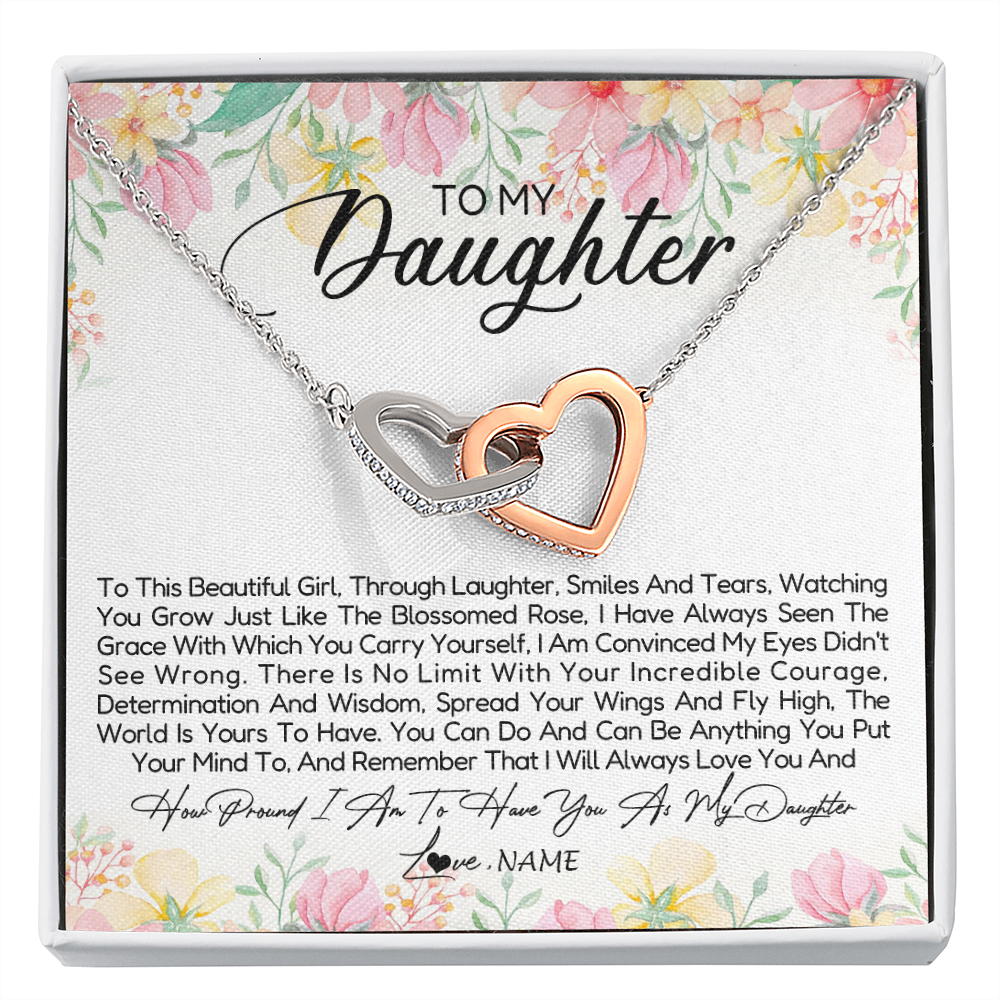 Interlocking Hearts Necklace | Personalized To My Daughter Necklace From Dad Mom Mother To This Beautiful Girl Daughter Jewelry Birthday Graduation Christmas Customized Gift Box Message Card | siriusteestore