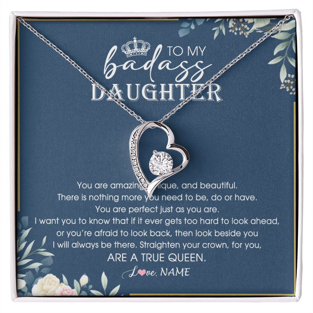Forever Love Necklace | Personalized To My Daughter Necklace From Dad Mom Straighten Your Crown Queen Daughter Jewelry Birthday Graduation Christmas Customized Gift Box Message Card | siriusteestore