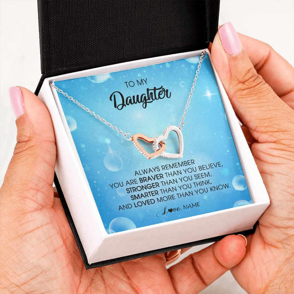 Interlocking Hearts Necklace | Personalized To My Daughter Necklace From Mom Dad Always Remember You Are Braver Daughter Jewelry Birthday Graduation Christmas Customized Message Card | siriusteestore