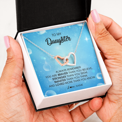 Interlocking Hearts Necklace | Personalized To My Daughter Necklace From Mom Dad Always Remember You Are Braver Daughter Jewelry Birthday Graduation Christmas Customized Message Card | siriusteestore