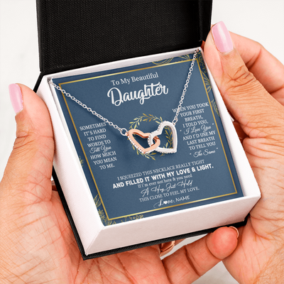 Interlocking Hearts Necklace | Personalized To My Daughter Necklace From Mom Dad Mother How Much You Mean To Me Gift For Daughter Birthday Graduation Christmas Customized Message Card | siriusteestore