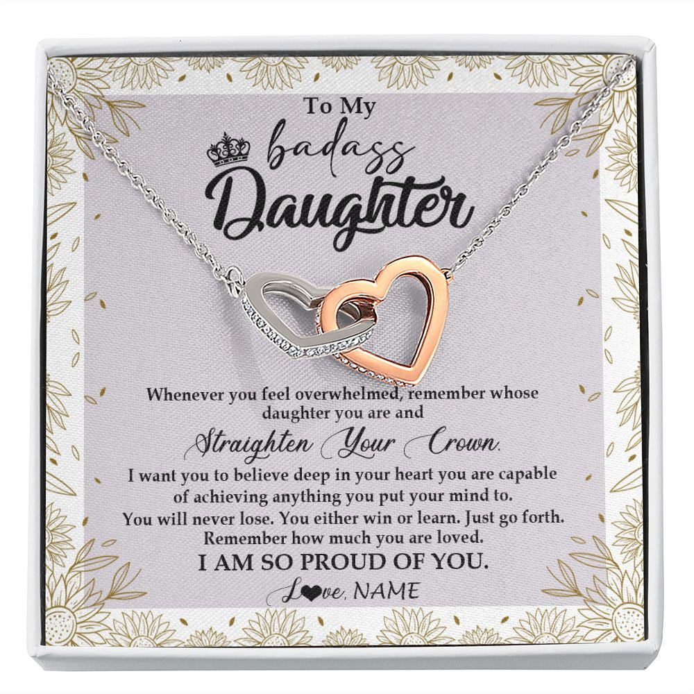 Interlocking Hearts Necklace | Personalized To My Daughter Necklace From Mom Dad Straighten Your Crown Daughter Birthday Christmas Graduation Jewelry Customized Gift Box Message Card | siriusteestore