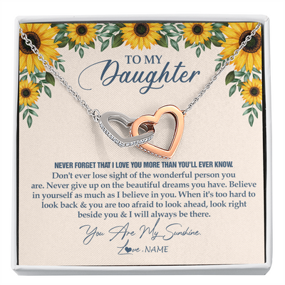 Interlocking Hearts Necklace | Personalized To My Daughter Necklace From Mom Dad Sunflower You Are My Sunshine Daughter Jewelry Graduation Birthday Christmas Customized Gift Box Message Card | siriusteestore