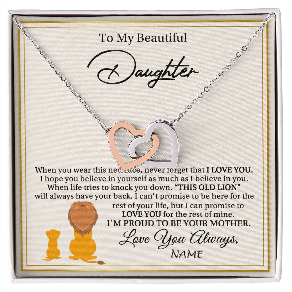 Interlocking Hearts Necklace | Personalized To My Daughter Necklace From Mom Mother I'M Proud To Be Your Mother Lion Daughter Birthday Graduation Christmas Customized Gift Box Message Card | siriusteestore