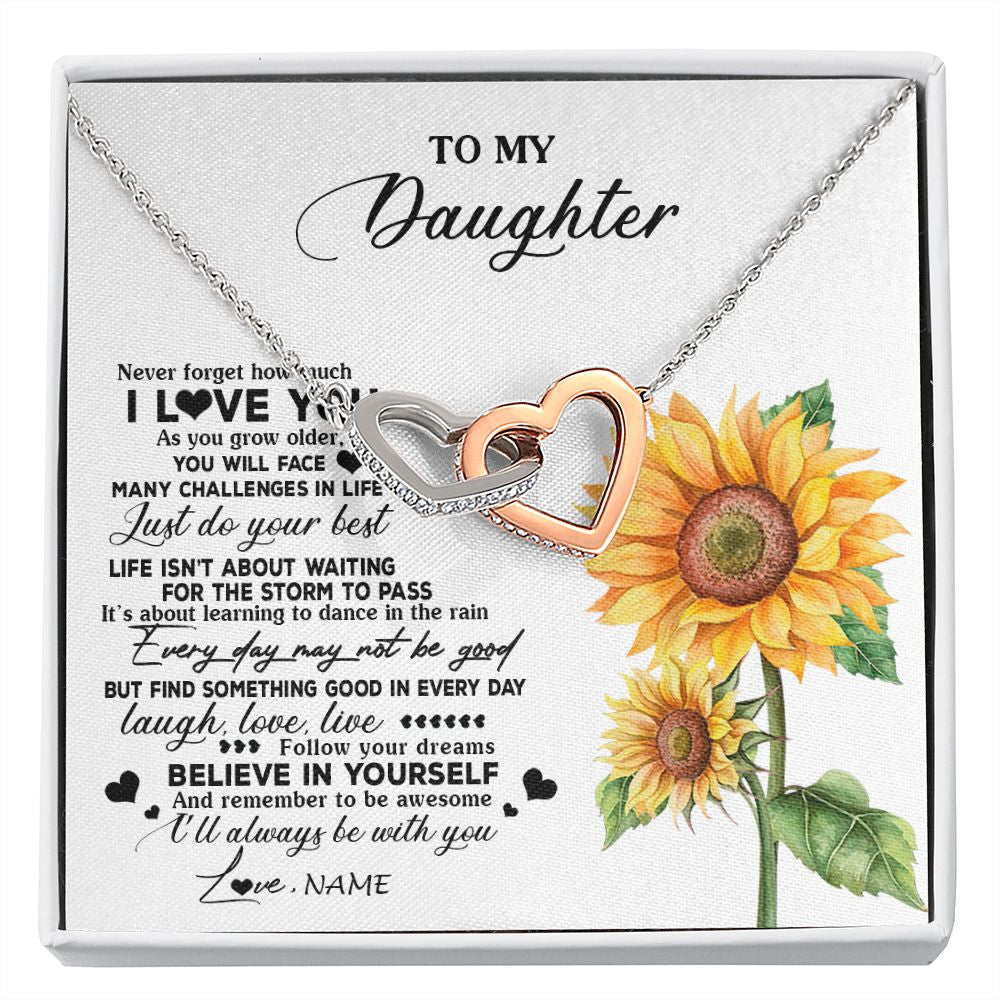Interlocking Hearts Necklace | Personalized To My Daughter Necklace From Mom Mother Sunflower Wood Laugh Love Live Daughter Birthday Graduation Christmas Customized Gift Box Message Card | siriusteestore