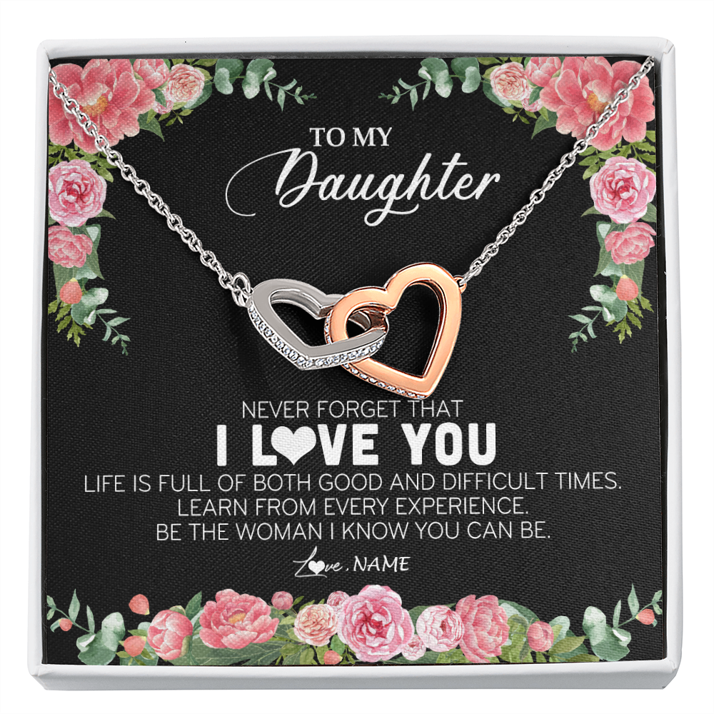 Interlocking Hearts Necklace | Personalized To My Daughter Necklace from Dad Father Never Forget I Love You Floral Jewelry for Daughter Birthday Graduation Christmas Customized Message Card | siriusteestore
