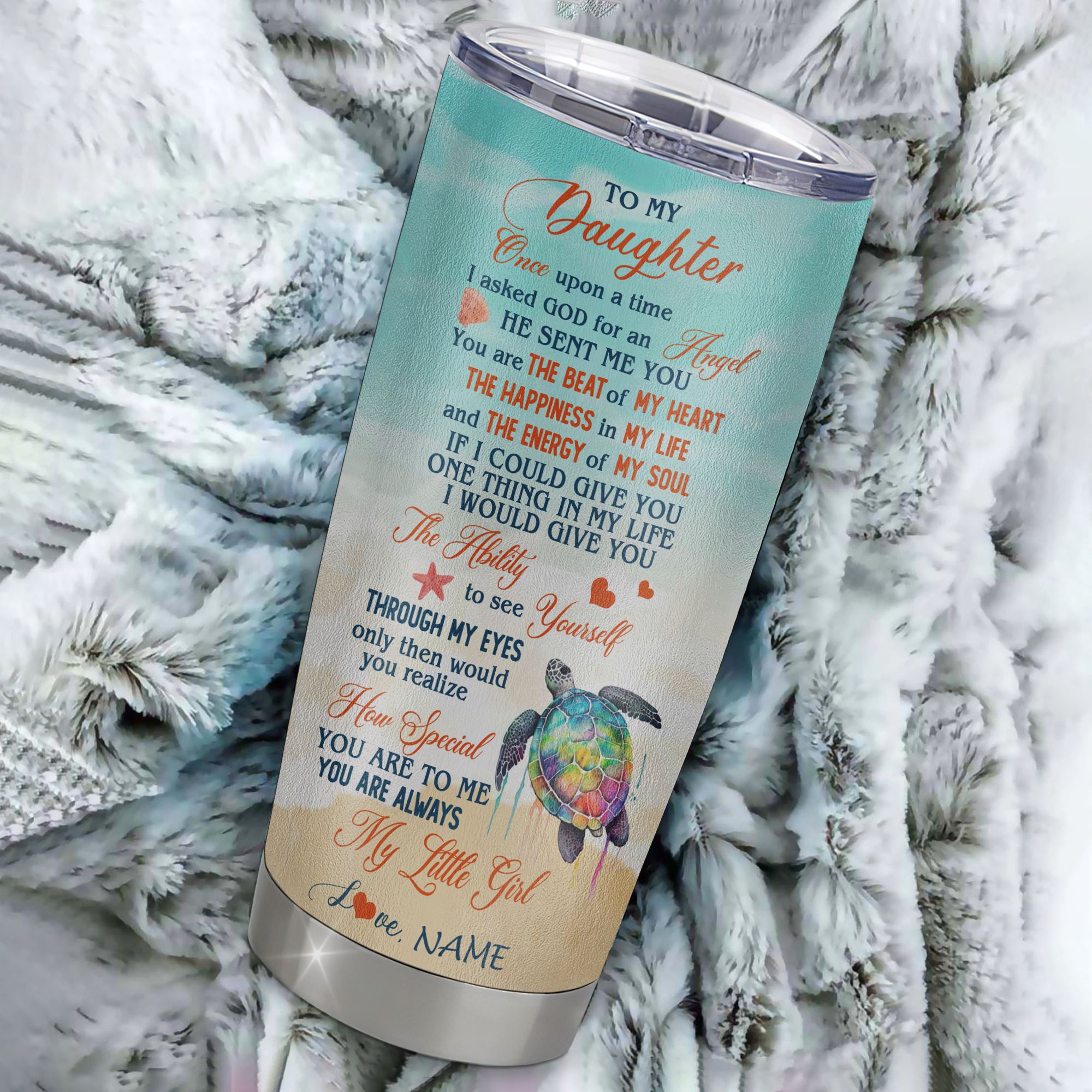 Personalized To My Daughter Tumbler From Dad Mom Father Stainless Steel Once Upon A Time Sea Turtle Beach Daughter Birthday Graduation Christmas Travel Mug | siriusteestore