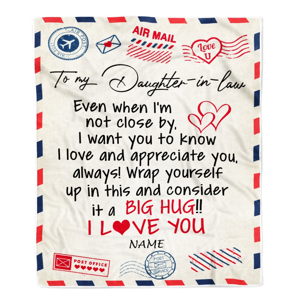 Personalized To My Daughter in law Blanket From Mother in law I Love You Hugs Air Mail Letter Birthday Thanksgiving Christmas Customized Fleece Blanket | siriusteestore