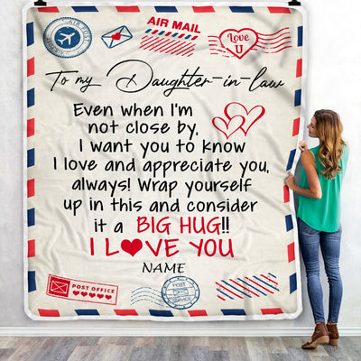 Personalized To My Daughter in law Blanket From Mother in law I Love You Hugs Air Mail Letter Birthday Thanksgiving Christmas Customized Fleece Blanket | siriusteestore