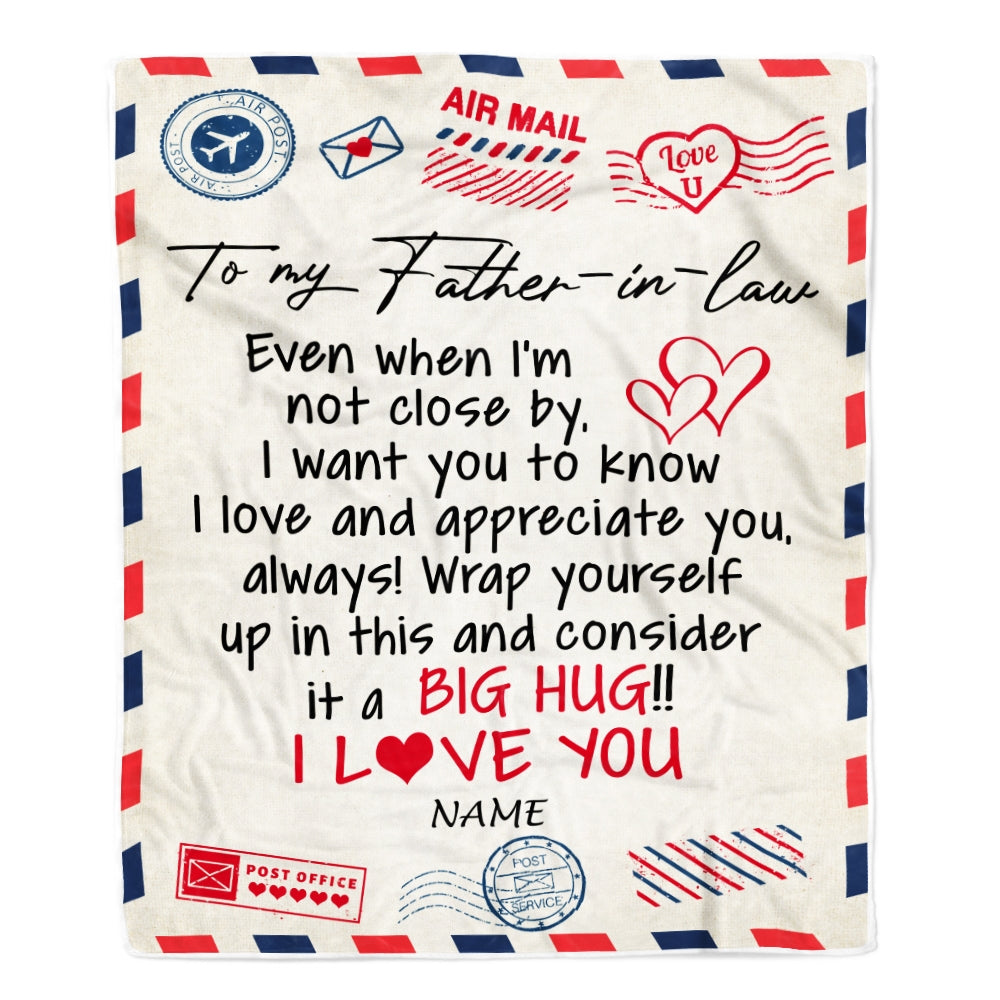 Personalized To My Father in law Blanket From Son Daughter in law I Love You Hugs Air Mail Letter Birthday Thanksgiving Christmas Customized Fleece Blanket | siriusteestore