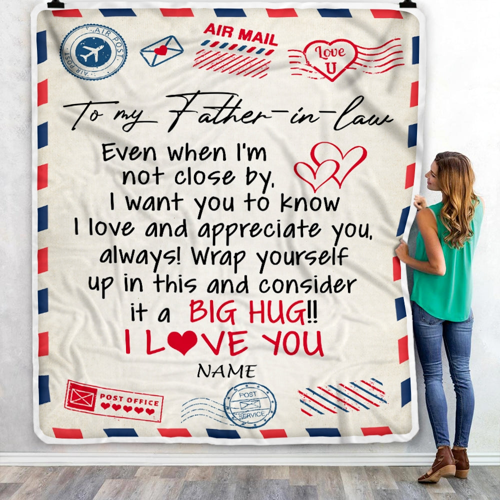 Personalized To My Father in law Blanket From Son Daughter in law I Love You Hugs Air Mail Letter Birthday Thanksgiving Christmas Customized Fleece Blanket | siriusteestore