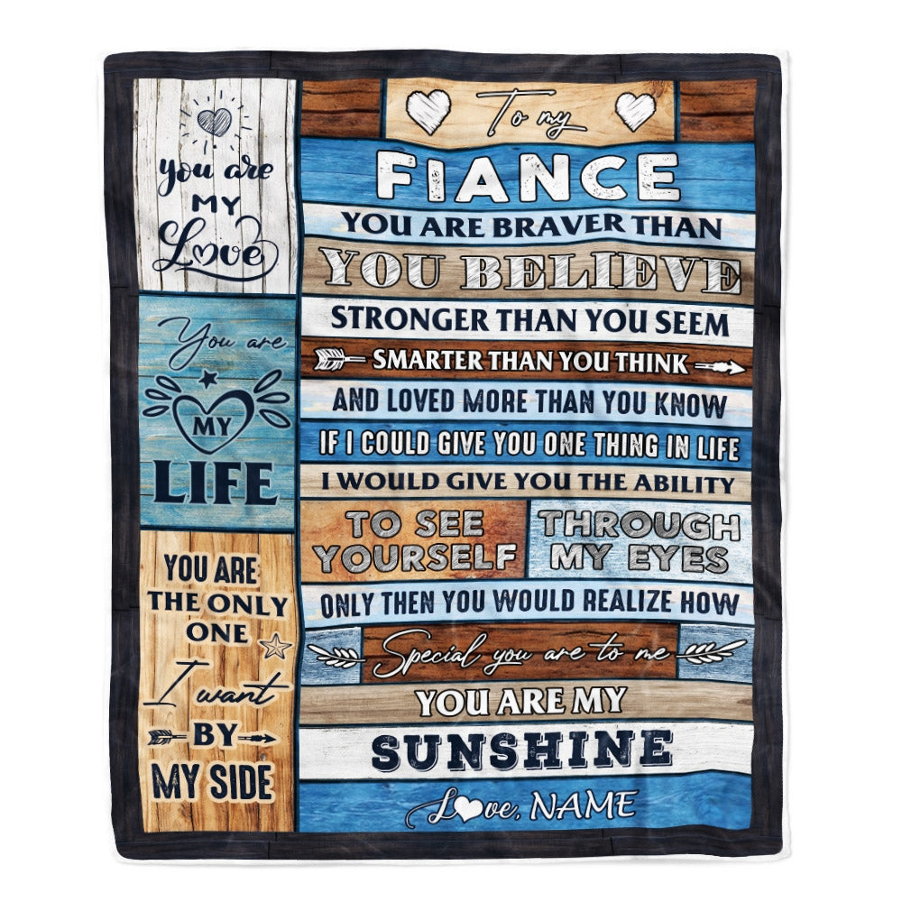 Personalized To My Fiance Blanket From Fiancee Wood You Are My Sunshine I Love You Fiance Anniversary Valentines Day Wedding Christmas Fleece Throw Blanket | siriusteestore